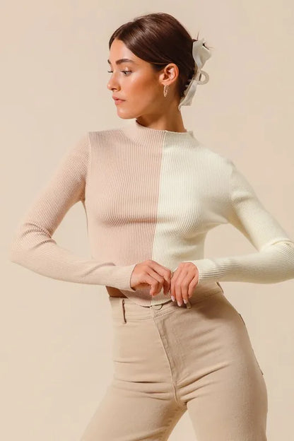 SO ME Color Block Fitted Crop Sweater Top