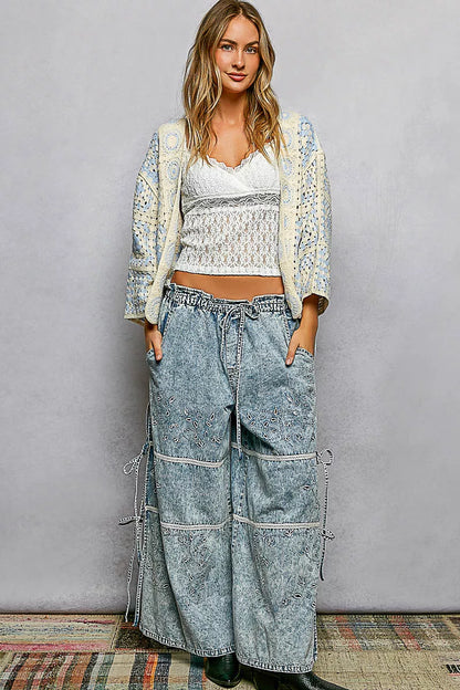 POL Open Front Crochet Cardigan with Granny Square Pattern