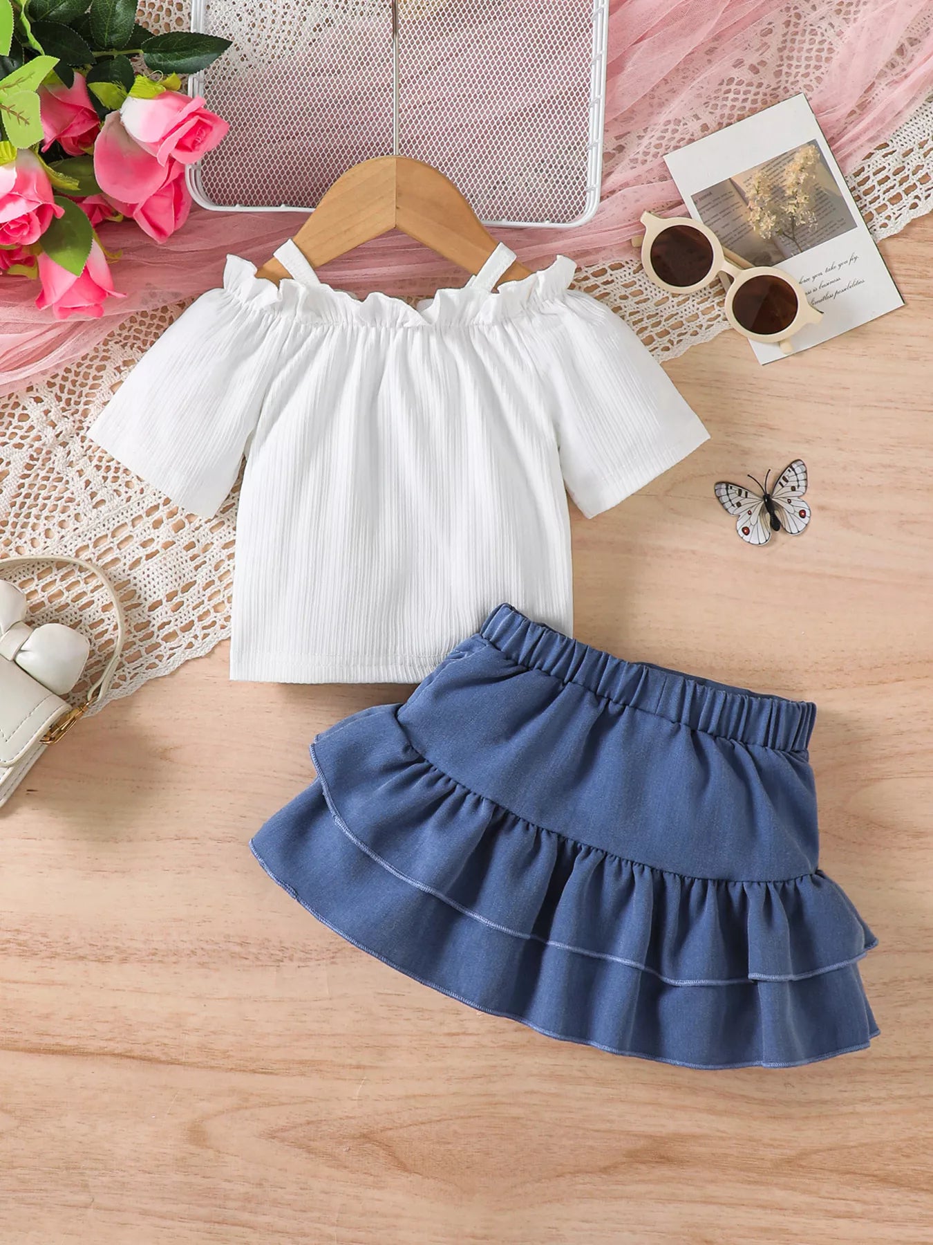 Children's Off-Shoulder Top and Ruffled Denim Skirt Set