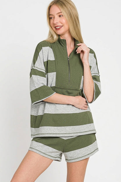 Zenana Frenchterry Striped Half Zip Top & Shorts Set