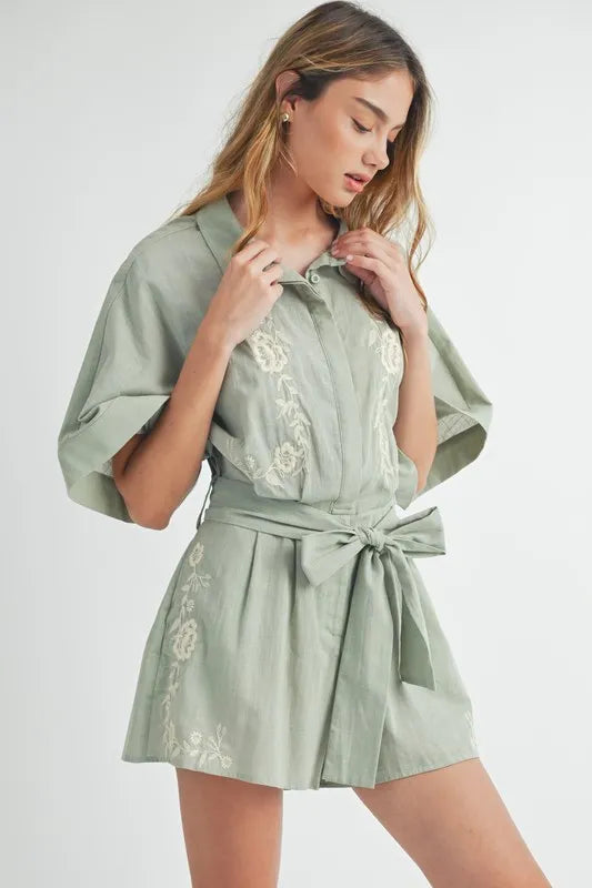 MABLE Embroidered Button Down Collared Neck Romper