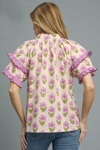 Umgee Floral Print Ruffle Short Sleeve Blouse