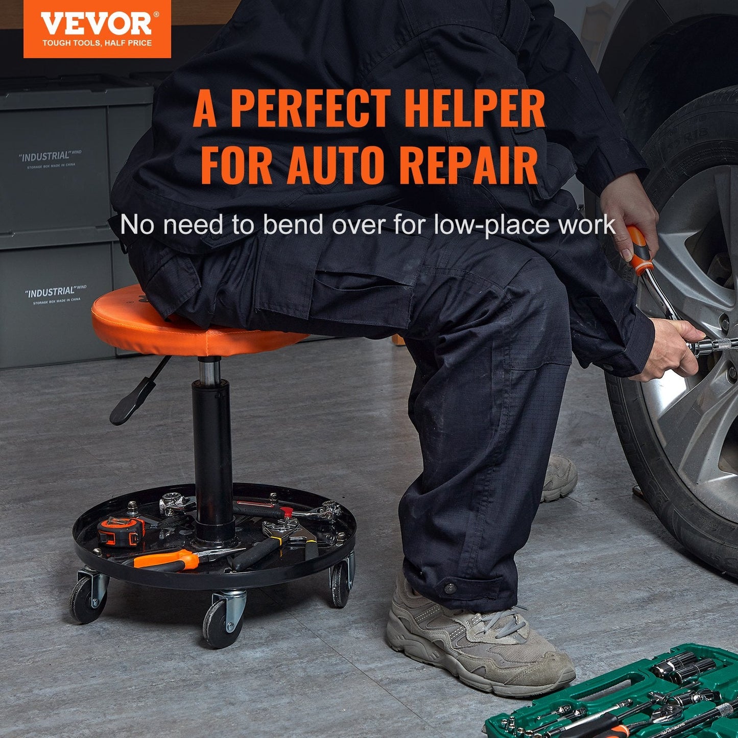 VEVOR Adjustable Mechanics Rolling Creeper Seat Stool Tool Tray For Shop Garage