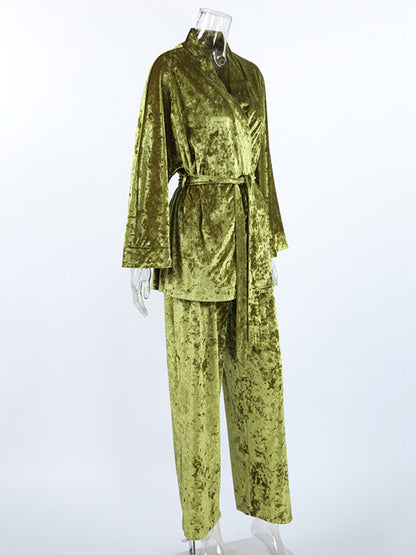 Velvet Tie Waist Top and Pants Set