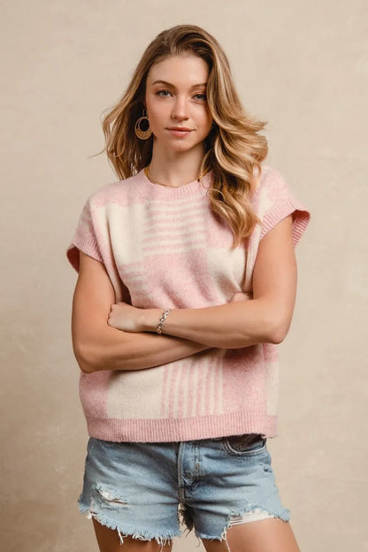 BiBi Checker With Stripes Pattern Sleeveless Sweater