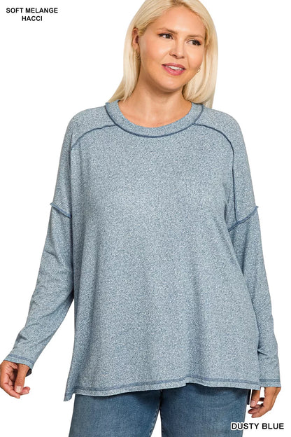 Zenana Full Size Melange Hacci Exposed Seam Hi-low Tee Plus Size