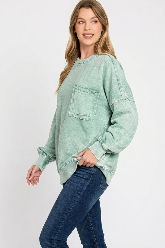 Zenana Halo Washed French Terry Exposed-seam Sweatshirt