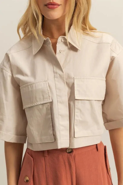 HYFVE Front Pockets Poplin Collared Neck Crop Shirt