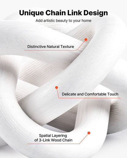 Wood Chain Link Decor, 3 Link, Hand Carved Wooden Knot Decor, Coffee Table Decoration Modern Shelf Accents, Decorative Objects For Home Living Room Bedroom Entryway Farmhouse Bookshelf, White