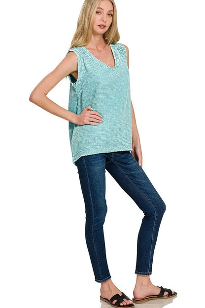 Zenana Double Gauze Raw Edge Acid Washed Tank