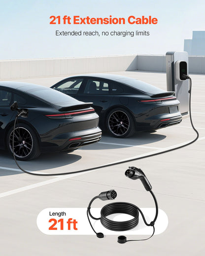 EV Charger Extension Cable, 32Amp 21 Ft J1772 Extension Cord Compatible With 120V-240V SAE J1772 Electric Vehicle Chargers, Level 1/Level 2 IP66 Heavy Duty Car Charging Cable With Carrying Bag