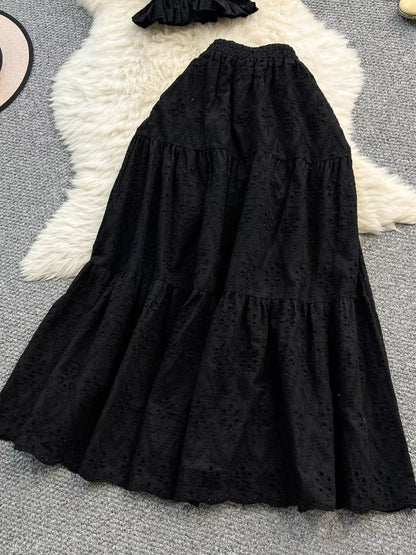 Smocked Crop Top and Hollow-Out Skirt Set