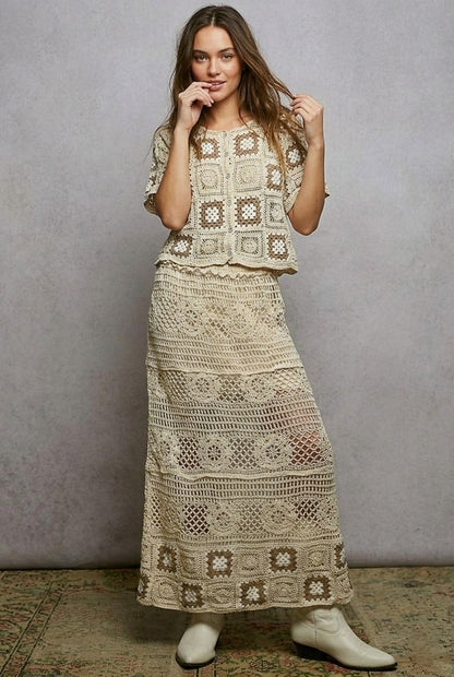 POL Floral Crochet Ruffled Waistband Maxi Skirt with Granny Square Weave