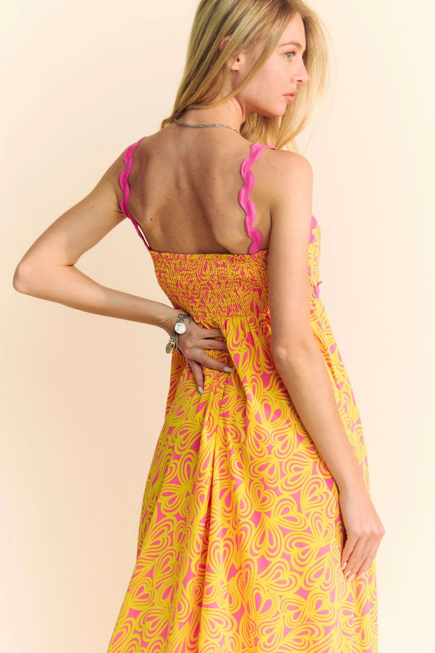 Davi & Dani Geo 2 Tone Printed Wavi Trim Tiered Maxi Dress
