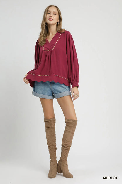 Umgee Full Size Linen Scallop Hem Blouse with Contrast Trim Plus Size