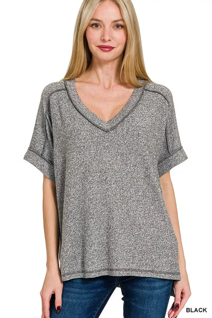 Zenana Full Size Soft Melange Hacci V-Neck Short Sleeve Hi-low Tee Plus Size