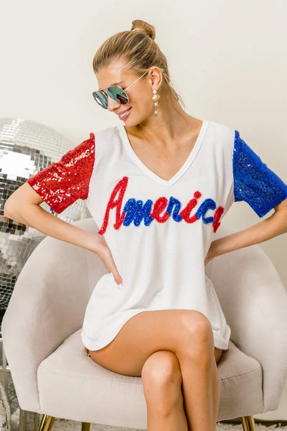 BiBi Metallic Letter V-neck Sequin Sleeves Top