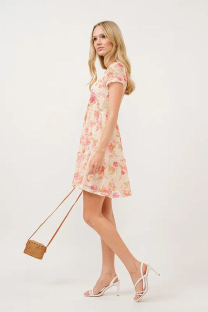 And The Why Square Neck Tiered Floral Fishnet Dress