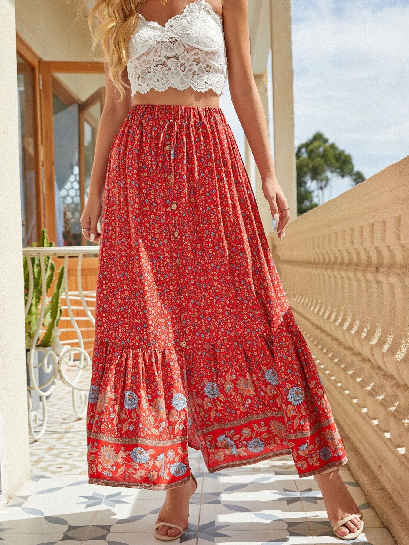 Floral Print Slit Skirt
