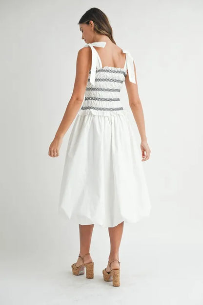 MABLE Smocked Bodice Bubble Midi Dress