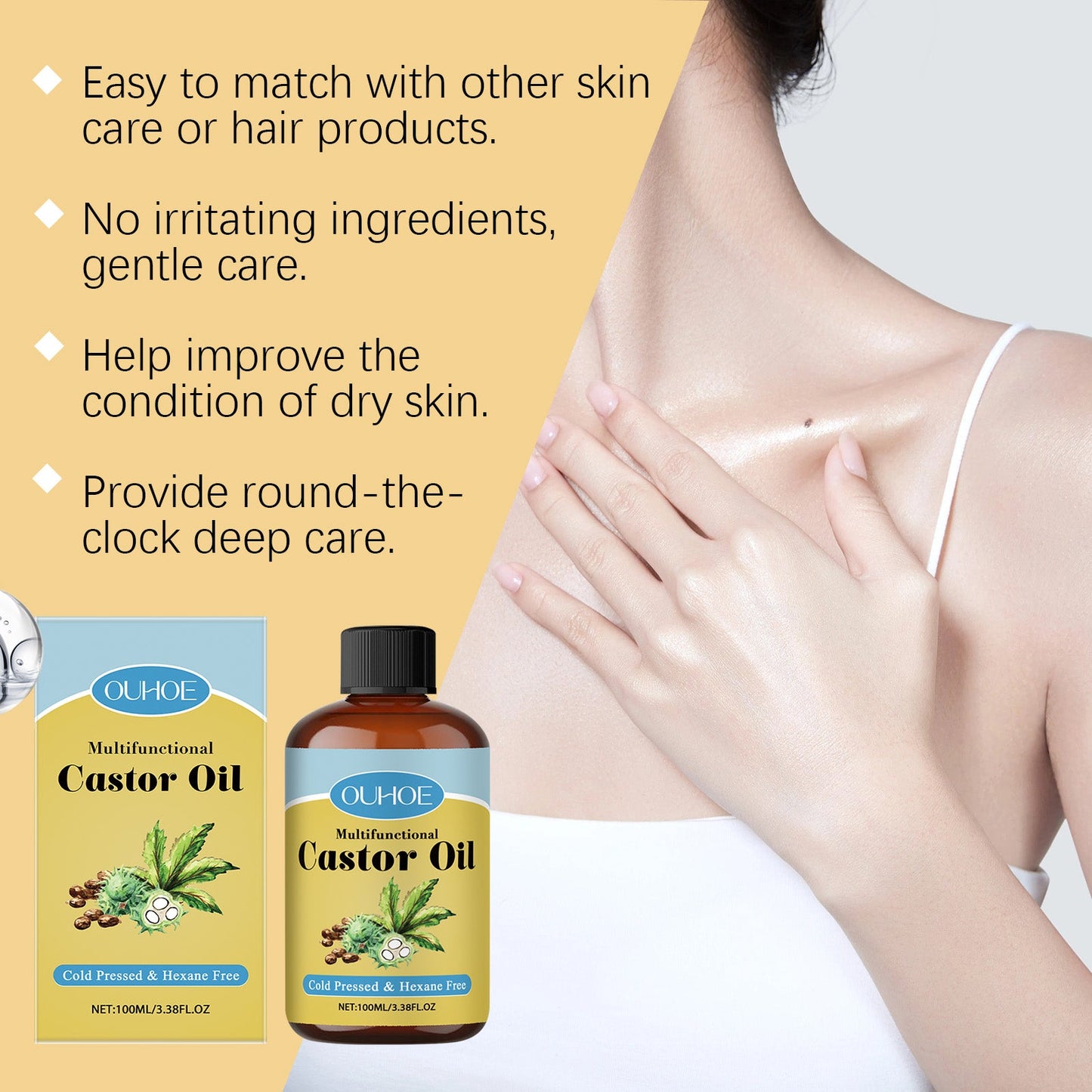 OUHOE Organic Castor Oil, Moisturizes And Hydrates Hair, Eyebrows, Skin, Body Multi-Effect Care Gentle Massage