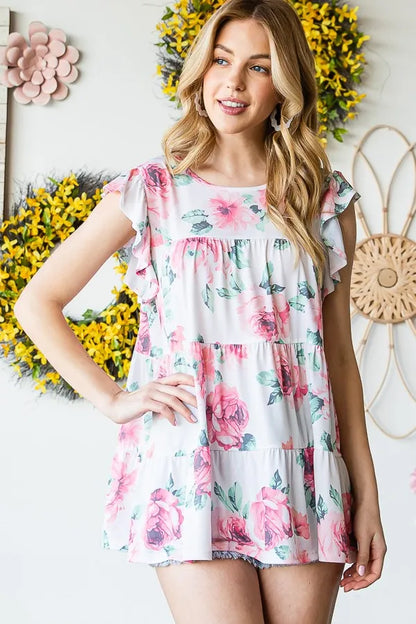 Heimish Full Size Butterfly Short Sleeve Round Neck Floral Print Tiered Top Plus Size