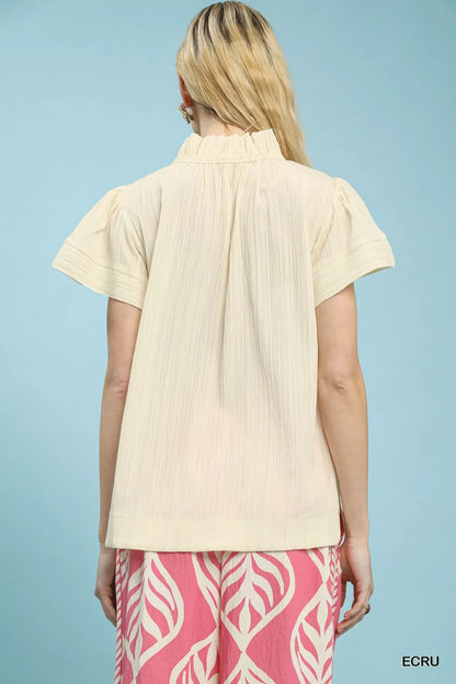 Umgee Texture Flutter Sleeve Notched Blouse