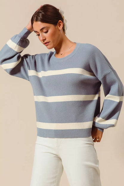 SO ME Ribbed Striped Round Neck Sweater