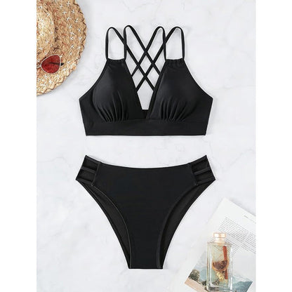 Women's Black Double Strap Bikini Set, Plunge V-Neck Top & High Waist Side Cutout Bottom, 2 Piece Swimsuit