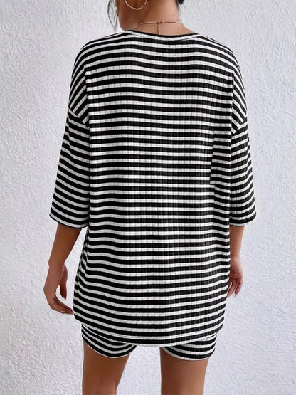 Striped Round Neck Top and Shorts Set