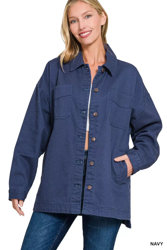 Zenana Oversized Collared Neck Button Front Shackets