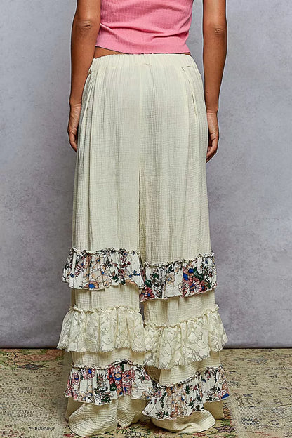 POL Drawstring Double Gauze Wide Leg Pants with Print and Lace Ruffle