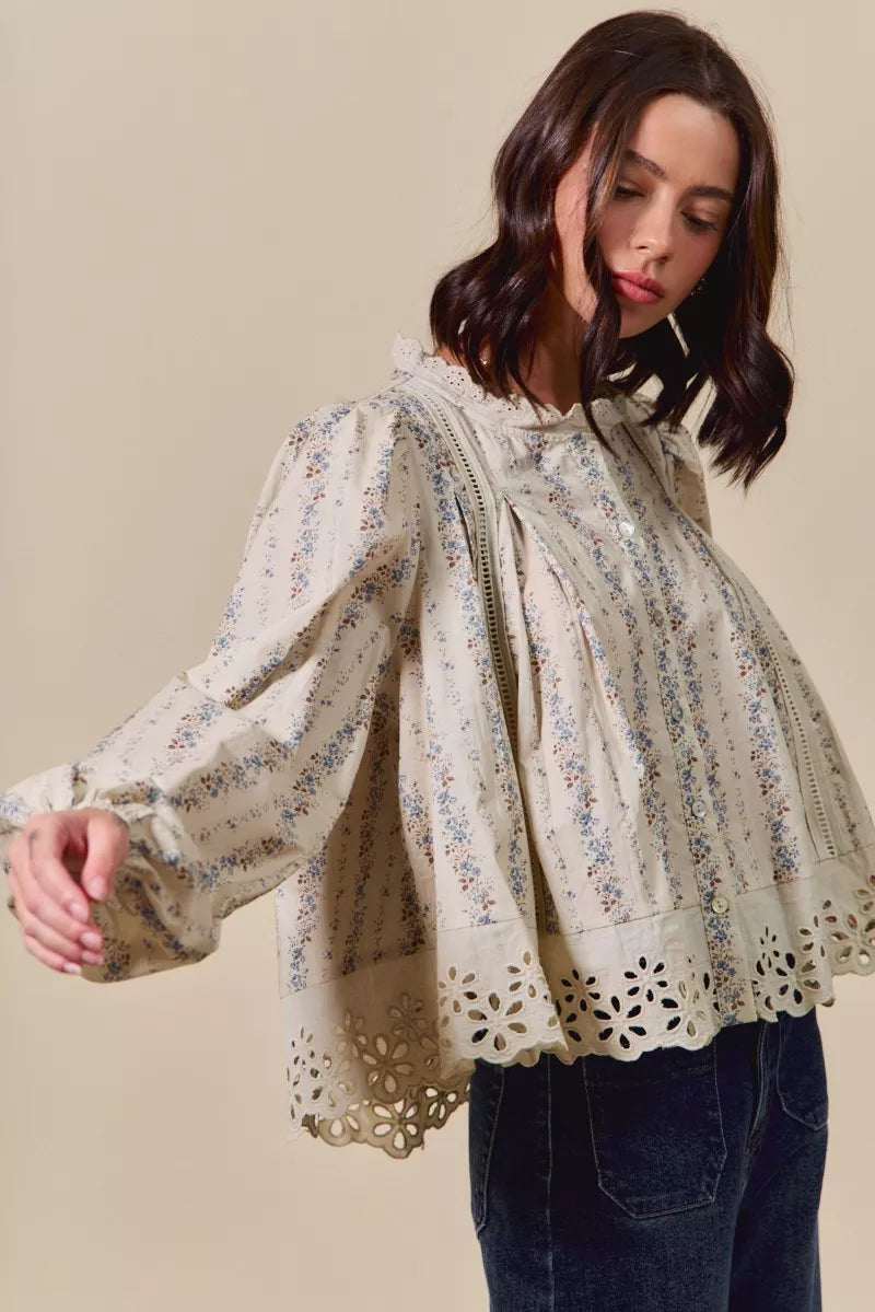 SO ME Floral Print Lace Button Down Shirt