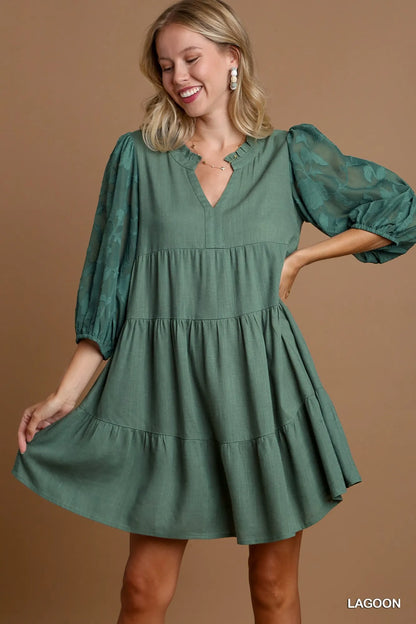 Umgee Floral Contrast Sleeve Tiered Dress