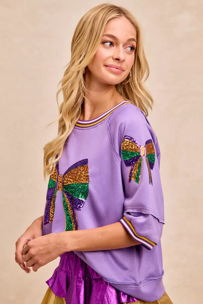 BiBi Mardi Gras Theme Ribbon Sequin Patched Top