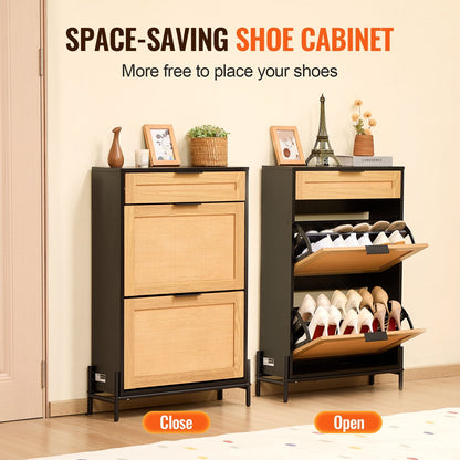 Rattan Shoe Cabinet, Narrow Shoe Storage Organizer With 2 Flip Rattan Drawers & 1 Slide Drawer, Metal Legs, Slim Shoe Entryway Cabinet Ideal For Entryway, Closet, Hallway, Black