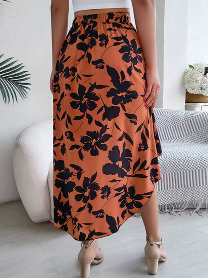 Floral Print Ruffle Hem Asymmetrical Skirt