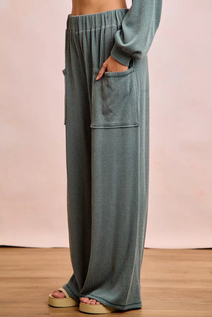 BiBi Two Tone Cord Rib Contrast Stitching V-Neck Top and Pants Set