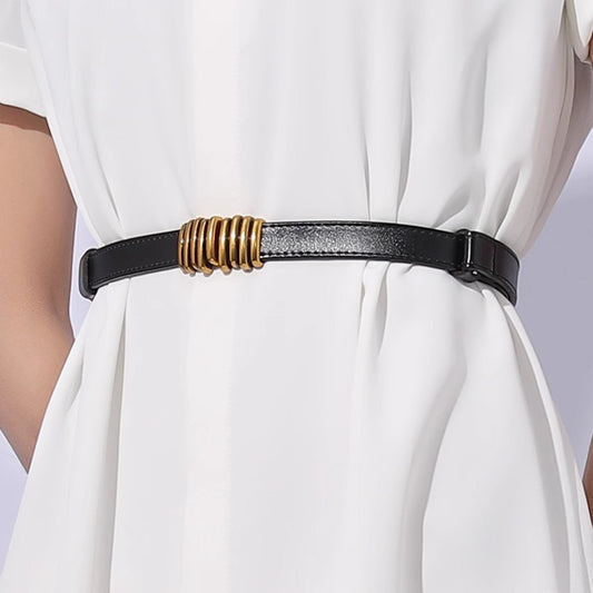 Skinny Leather Belt with Gold Buckle