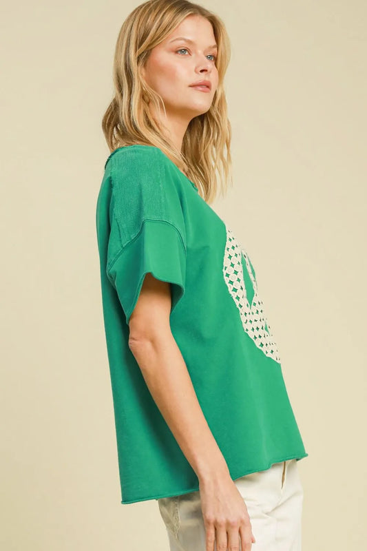 Umgee Full Size Mineral Wash T-Shirt with Lace Applique Plus Size