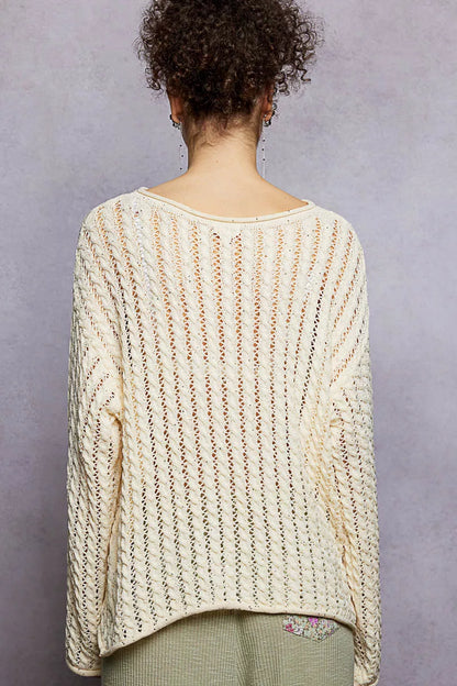 POL Openwork Round Neck Knit Top with Shiny Detail