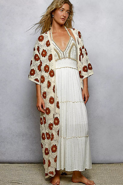 POL Open Front Floral Crochet Longline Cardigan