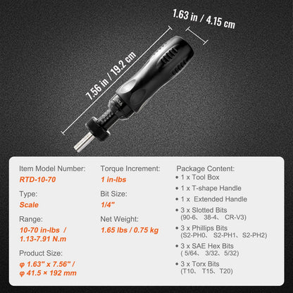 VEVOR Torque Screwdriver, Drive Screwdriver Torque Wrench, Electrician Torque Screwdriver With Scale, 10-70 In Lbs Torque Range, 1 In-lbs Torque Increment Torque Screwdriver With Bits   Case