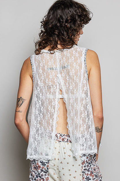POL Printed Woven Lace Back Round Neck Sleeveless Top