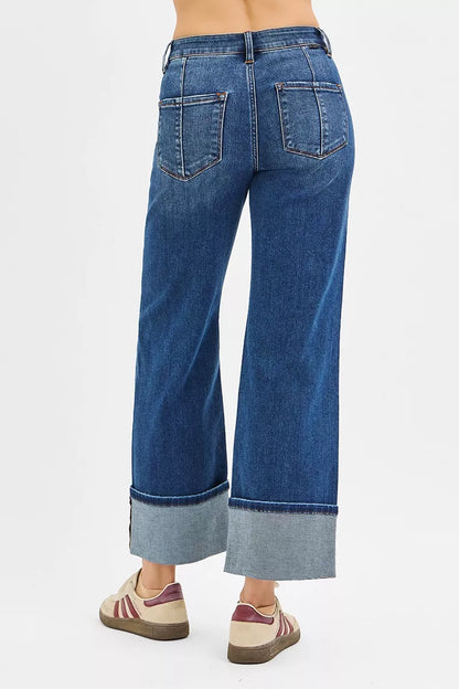 RISEN Full Size High Rise Crop Wide Straight Cuffed Jeans Plus Size