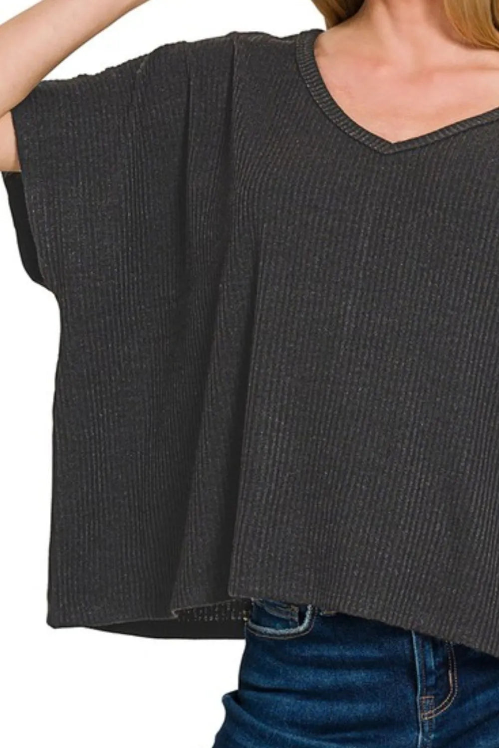 Zenana Ribbed V-Neck Short-Sleeve Knit Top