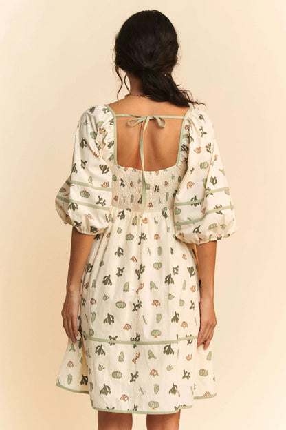 Davi & Dani Cactus Printed Poplin Contrast Piping Mini Dress
