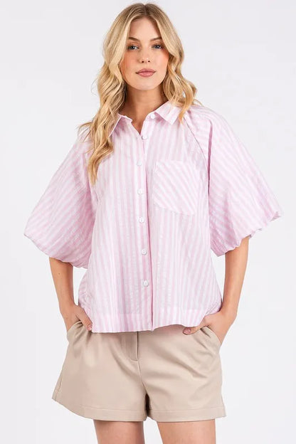 Mittoshop Button Down Striped Puff Sleeve Shirt