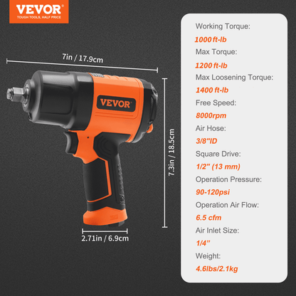 VEVOR Air Impact Wrench  Square Drive 1400ft-lb Nut-busting Torque 90-120PSI