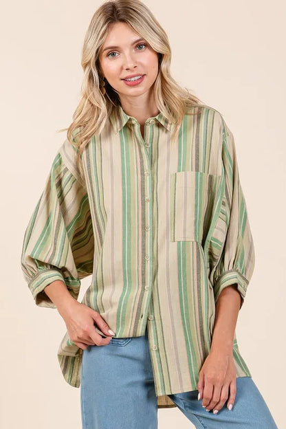 Mittoshop Striped Bubble Sleeve Button Down Shirt